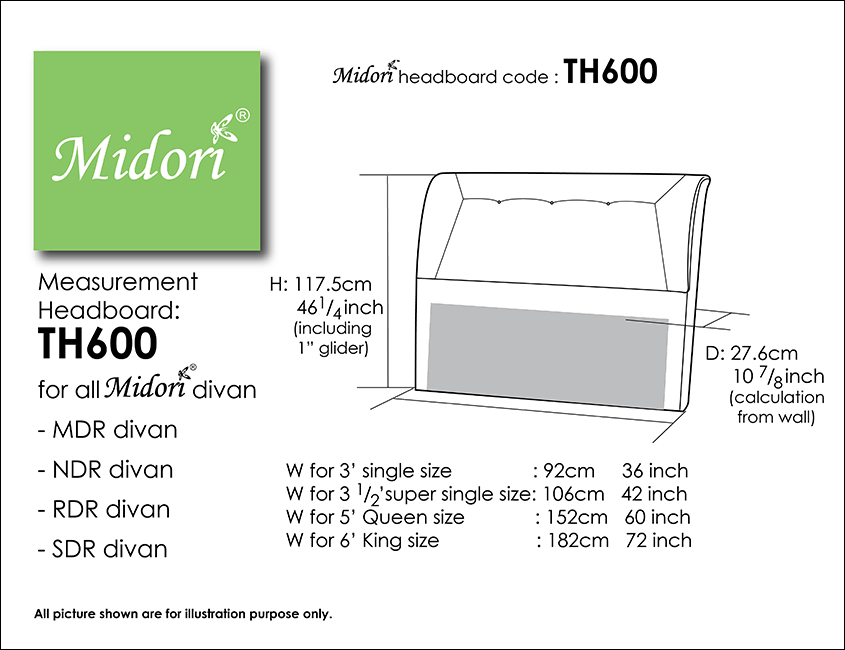 Midori Furnishing & Bedding - Headboard TH600 Measurement